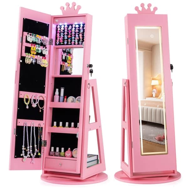 slide 2 of 20, Gymax Swivel Kids Jewelry Cabinet w/ Lights Full-Length Mirror & Pink
