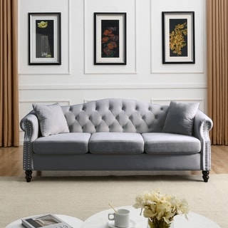 79" Chesterfield Sofa Grey Velvet for Living Room, 3 Seater Sofa Tufted ...