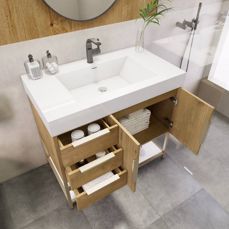 Noble 36" Free Standing Vanity (L Drawer) with Reinforced Acrylic Sink - 36" Width