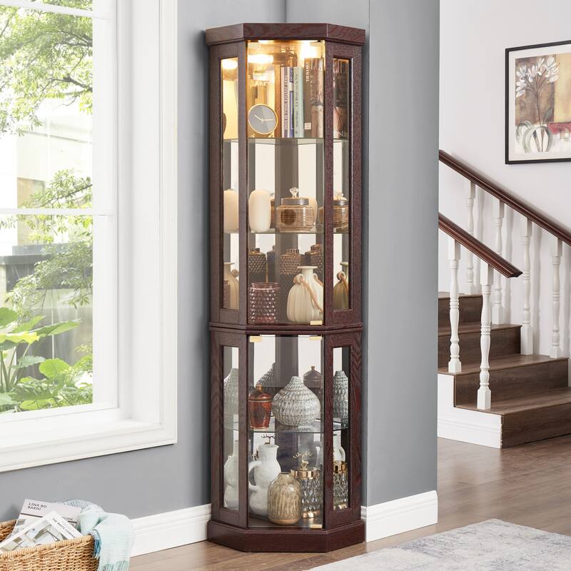 Lighted Corner Curio Cabinet - Display Case for Living Room, Antique Collectibles, Wine & Bar Glass Storage