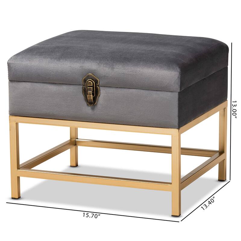 Aliana Glam and Luxe Velvet and Gold Metal Small Storage Ottoman