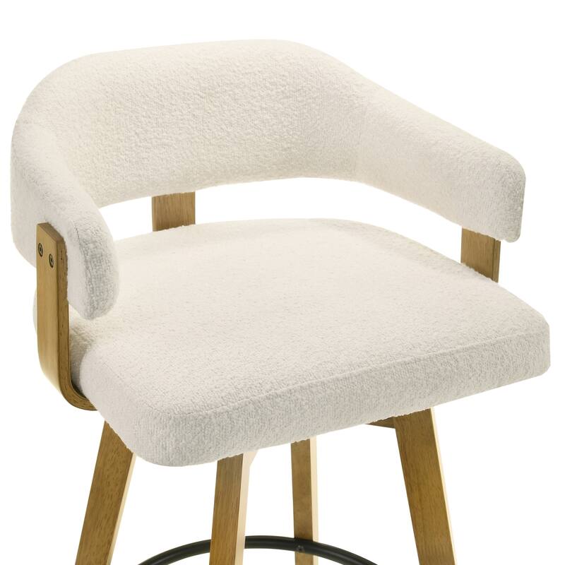 Callah Natural Wood Bar Stool, Counter Height Kitchen Stool in Amber Glow Finish with White Boucle Fabric Upholstered Seat