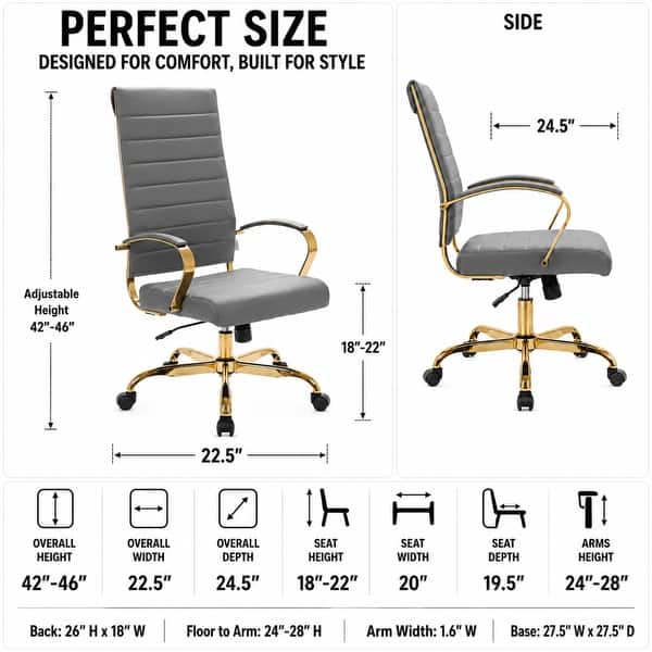 dimension image slide 6 of 8, Benmar Ribbed Leather Executive High Back Office Chair with Gold Frame, Swivel, Tilt, Lumbar Support