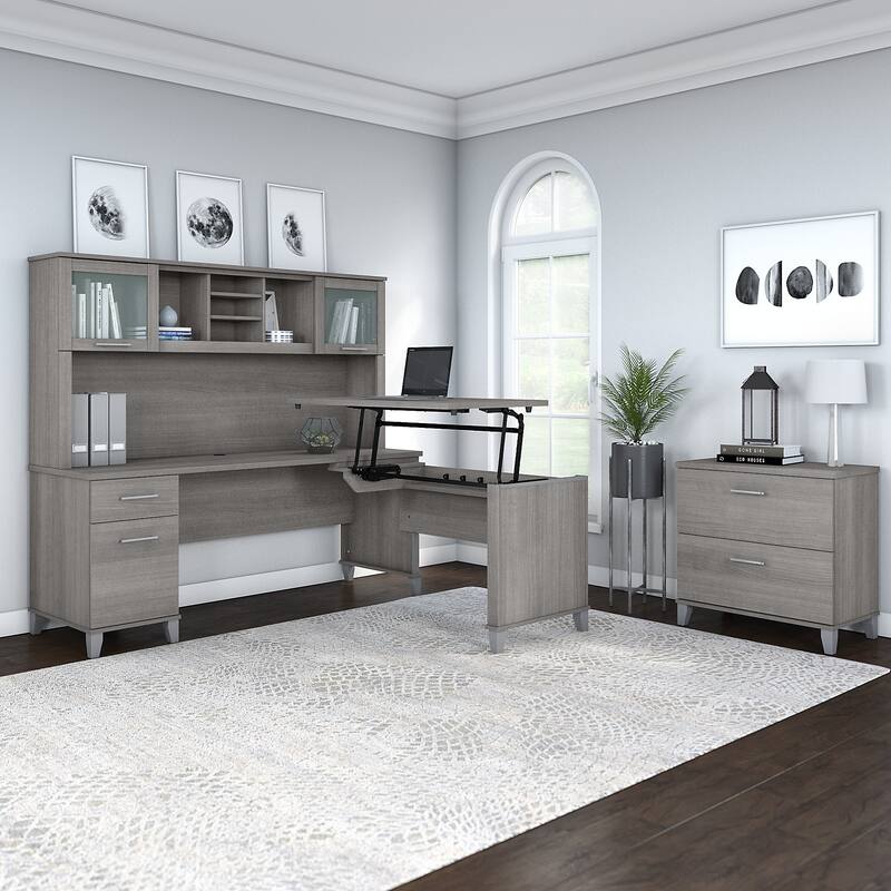 Somerset 72W Sit to Stand L Shaped Desk with Hutch and Cabinet in Gray - Platinum Gray