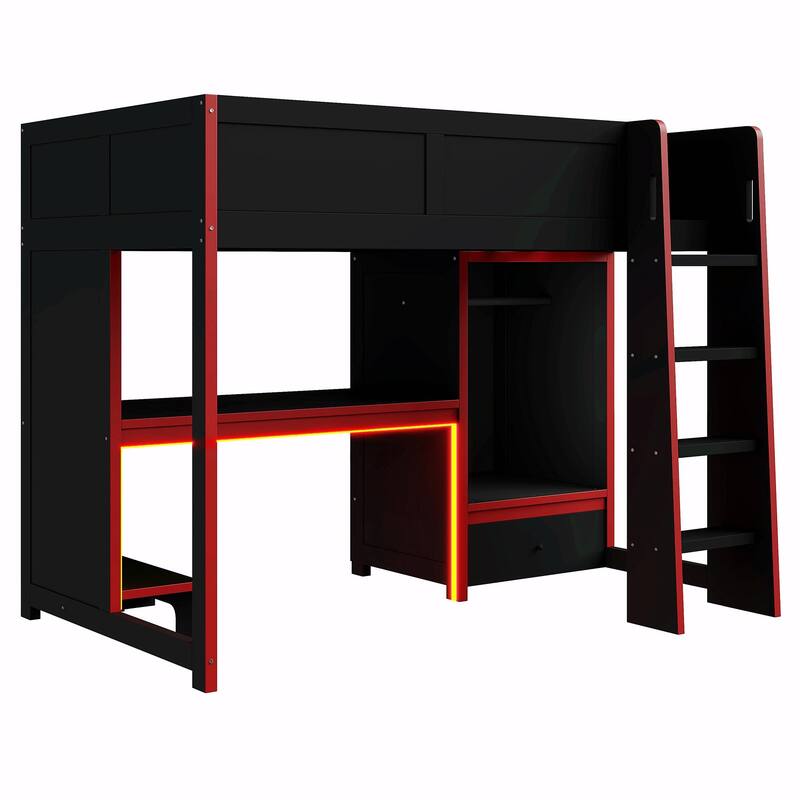 Wood Gaming Loft Bed with Built-In Desk, Wardrobe, LED Lights and Drawer