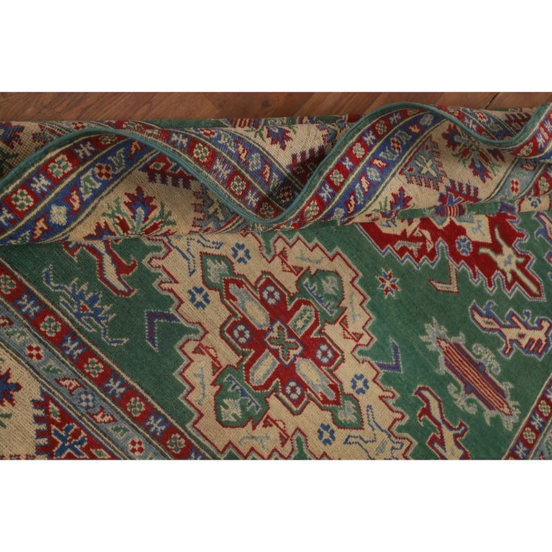 Green Geometric Kazak Area Rug Hand-Knotted Wool Carpet - 4'11" x 6'1"
