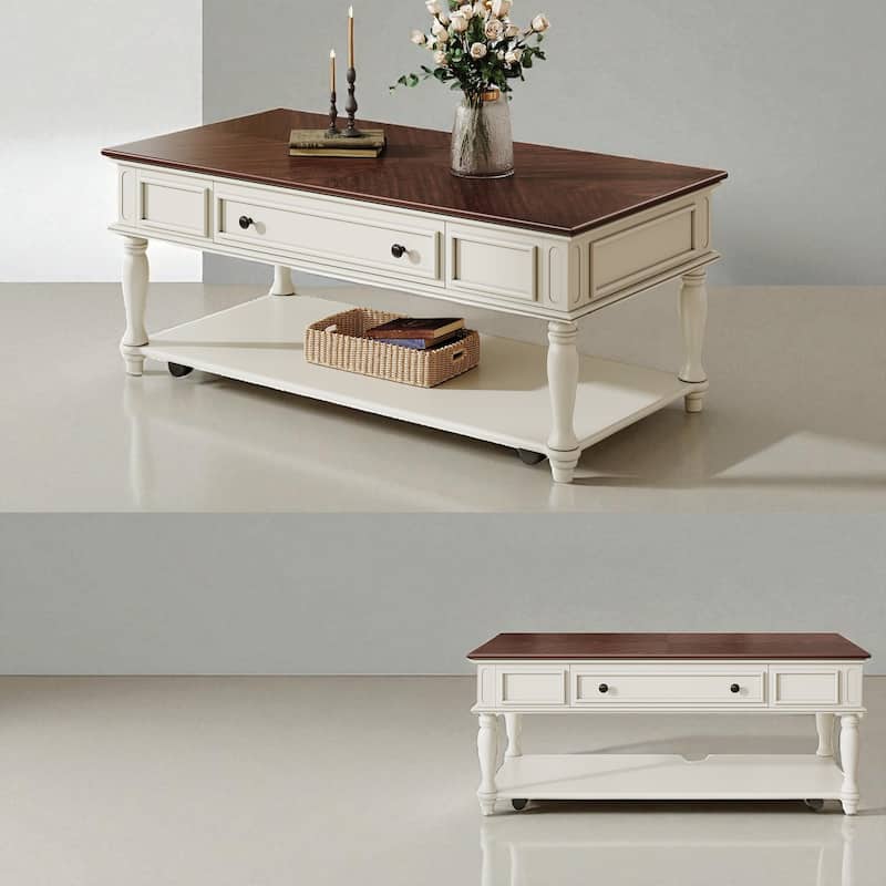 Farmhouse Coffee Table with Drawer and Shelf, 47.2" Rectangular Cocktail Table with Wheels, Rustic Wood Accent