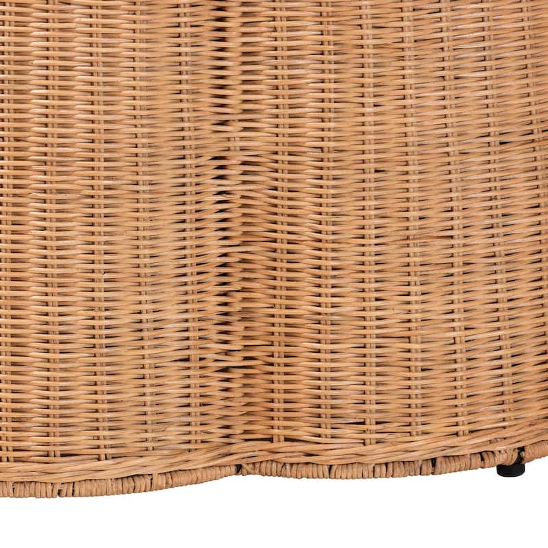 Palm Scallop Natural Rattan Ottoman with Cushion - Handwoven Wicker Stool or Footrest for Living Room or Bedroom, Coastal Boho