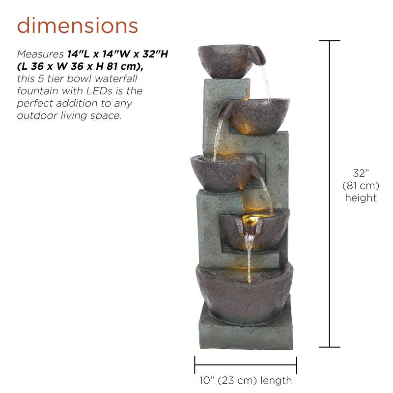 39" 5-Tier Bowl Fountain w/ LED, Patio & Yard, Gray