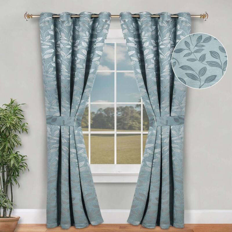 Superior Leaves Machine Washable Room Darkening Grommet With Ties Blackout Curtains, Set of 2