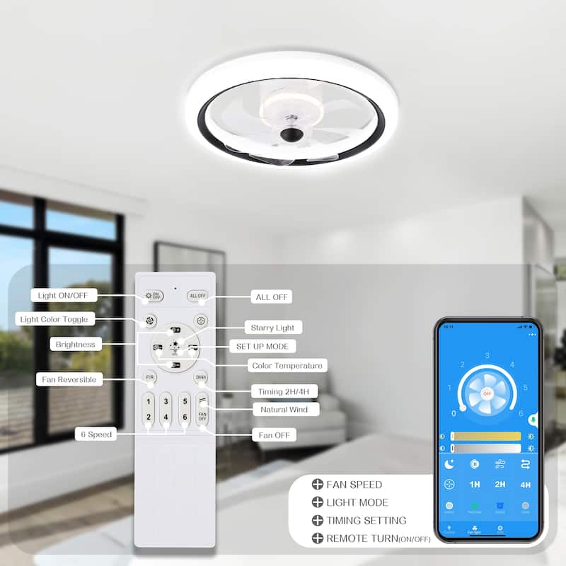 Cusp Barn 20-In Low Profile Ceiling Fan with Light and Remote Control, DC Motor 6 Speeds Flush Mount Dimmable LED Lighting