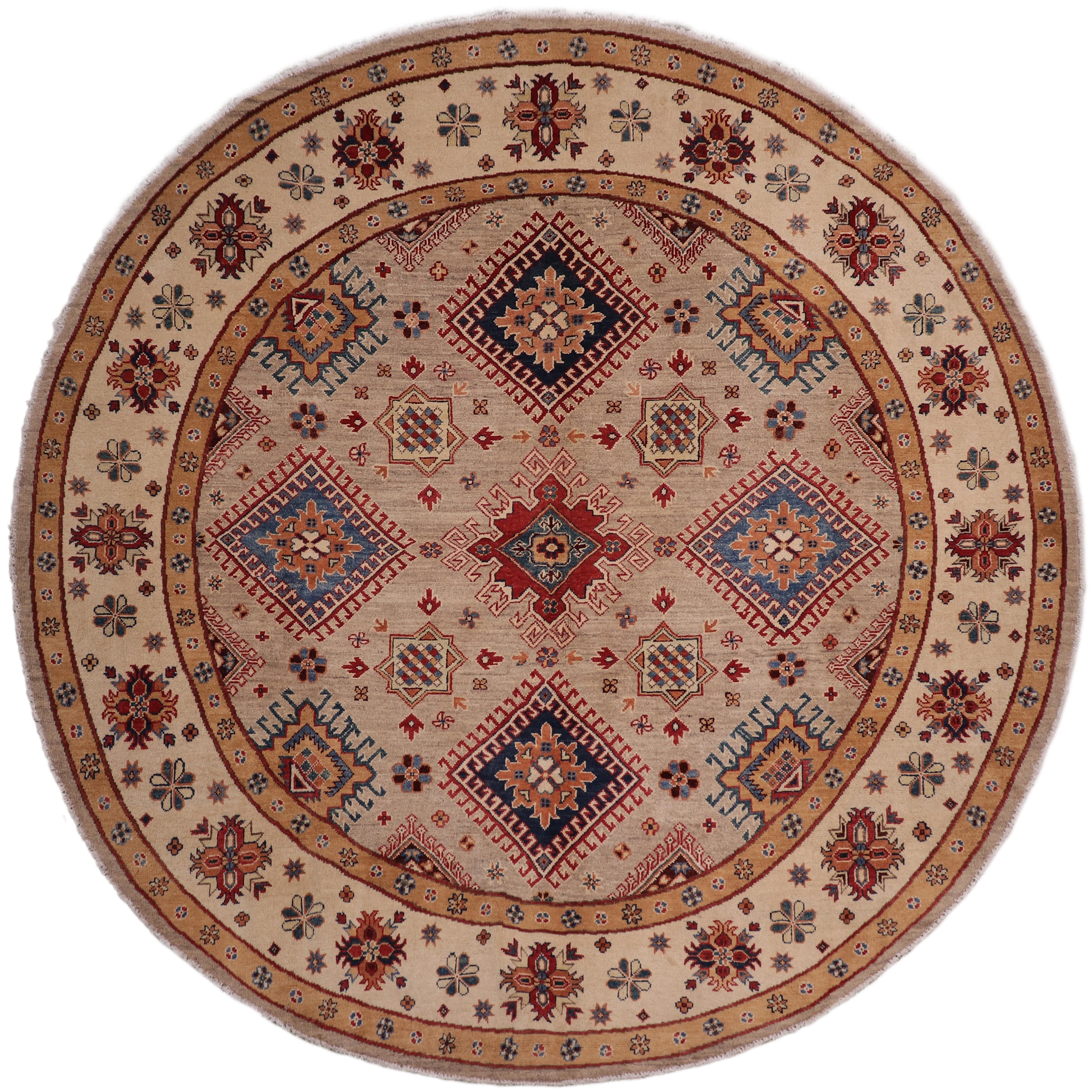 Southwestern Kazak Malik Light Blue/Beige Wool Round - 8'0'' x 8'0''