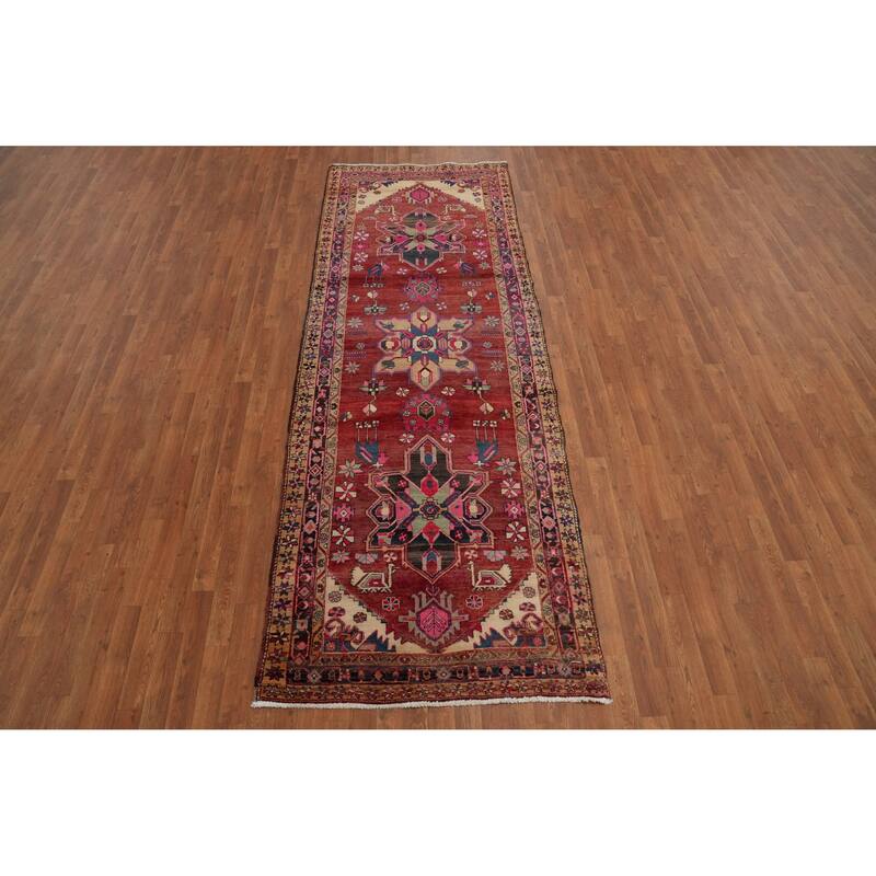 Hand Knotted Oriental 100% Wool Carpet Traditional Geometric Red Heriz Runner Rug - 10' 7'' X 3' 9''