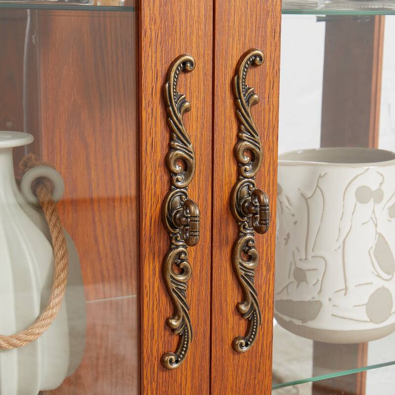 Lighted Curio Cabinet with 2 Glass Doors, Mirrored Back Panel, Adjustable Shelves & Built-in Bulb, Retro Display Cabinet