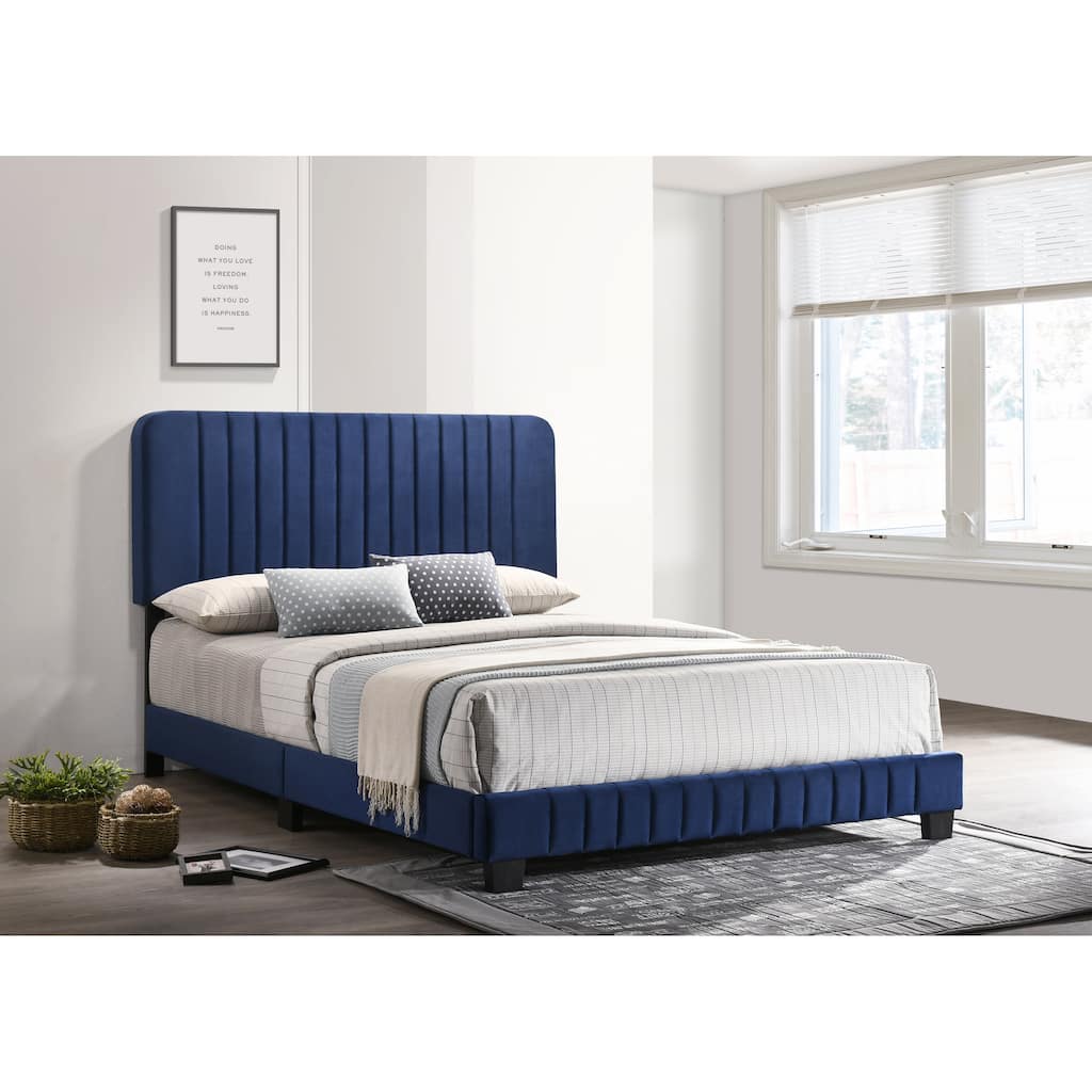Modern Navy Blue Full Bed with Velvet Upholstery and Wooden Legs