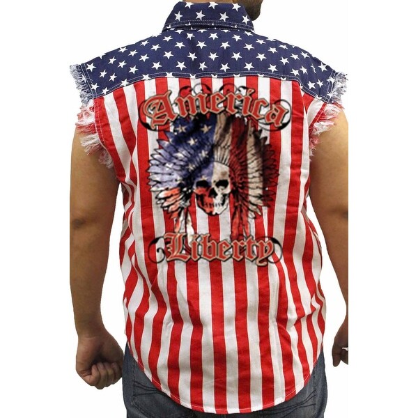Men/'s Sleeveless Denim Shirt Warrior Native Skull