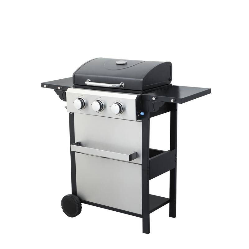 3-Burner Propane Stainless Steel Gas BBQ Grill with Wire Wire Enamel Cooking Grids Foldable Side Table, for Outdoor Barbecue