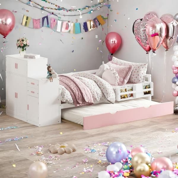 slide 2 of 18, Twin Size Wood Platform Bed with Sample Bookshelf and Movable Wardrobe,with Built-in Trundle Bed Pink+White