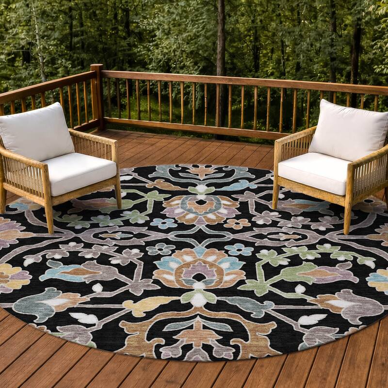 Machine Washable Indoor/ Outdoor Traditional Blanca Chantille Rug - Black - 8' x 8'