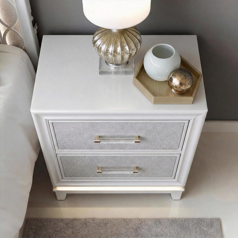 Roundhill Furniture Galaxy 2-Drawer Bedroom Nightstand with LED Lights in Pearlized White