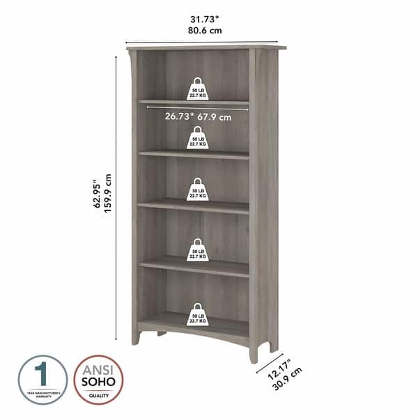 dimension image slide 0 of 7, Bush Furniture Salinas Tall 5 Shelf Bookcase with Adjustable Shelves
