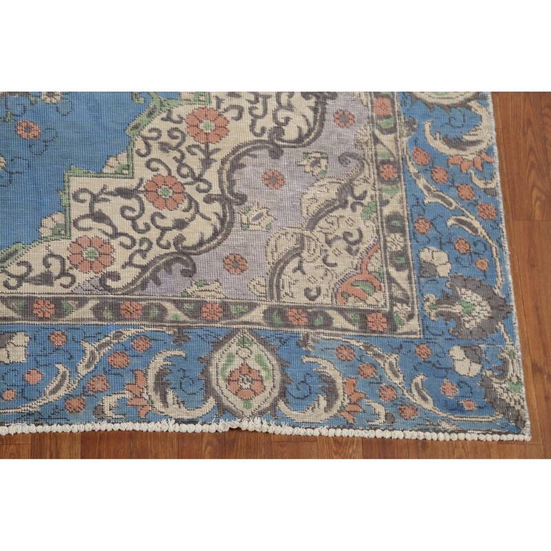 Distressed Blue Tabriz Persian Vintage Rug Hand-Knotted Wool Carpet - 6'10"x 10'8"