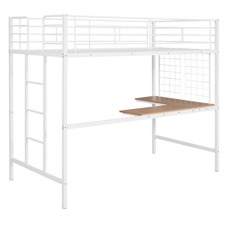 White Twin Size Metal Loft Bed with Desk, Ladder and Metal Grid for Kids, Teens, Girls, Boys
