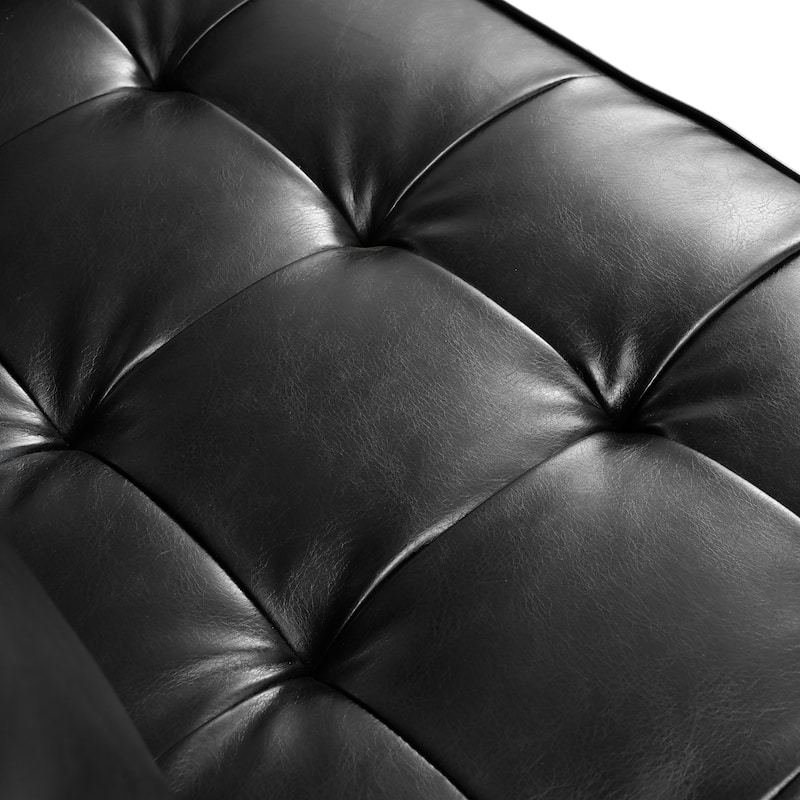 Roomfitters Mid-Century PU Leather Sofa, 3-Seater Couch with Tufted Seat, Bolster Pillows and Solid Wood Legs