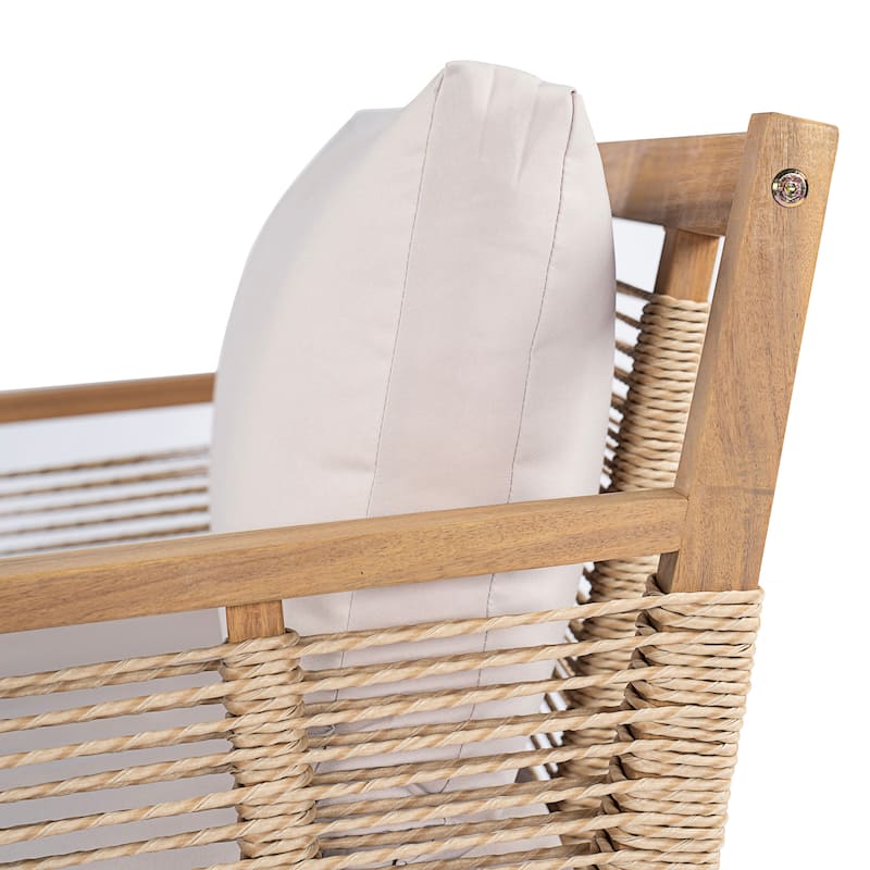 Roomfitters Set of 2 Patio Club Chairs, Outdoor Wood Lounge Chair with Upholstered Cushions, Rope Weave, Teak+ Beige