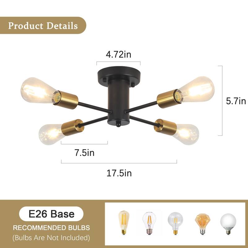4-Light Modern Semi Flush Mount Chandelier for Bedroom Study Room