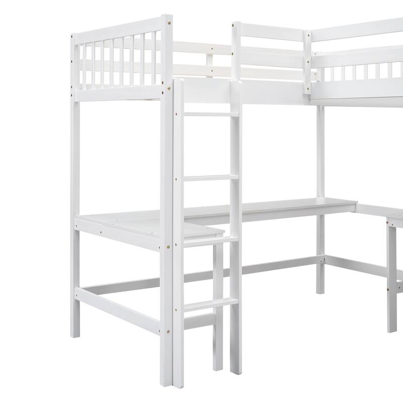 Twin L-Shaped Loft Bed with 2 Built-in Desks and Ladder, Space-Saving Wood Frame