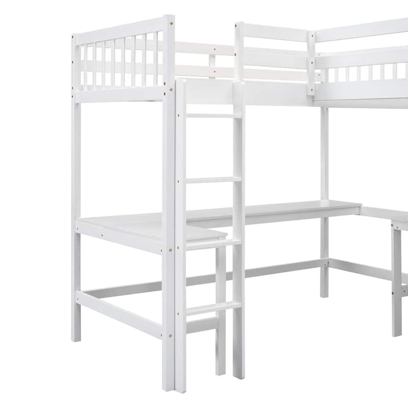 Twin Size L-Shaped Loft Bed with Ladder and 2 Built-in Desks, White