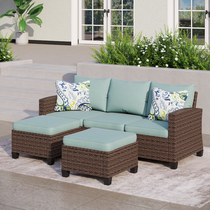 5/9-Seat Patio Furniture Wicker Rattan Outdoor Deep Seating Sectional Sofa Large Conversation Set - 5-Seat - Lake Blue