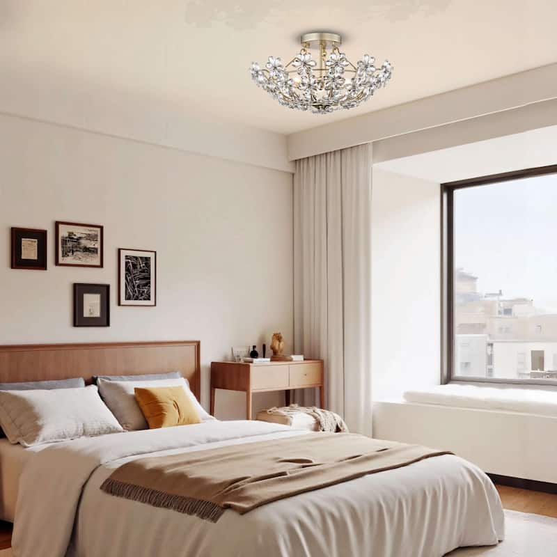 Rosa Glam 3-Light 20" Daisy Crystal Glass Flower Blossom Flush Mount - Brushed Silver-ish Champagne