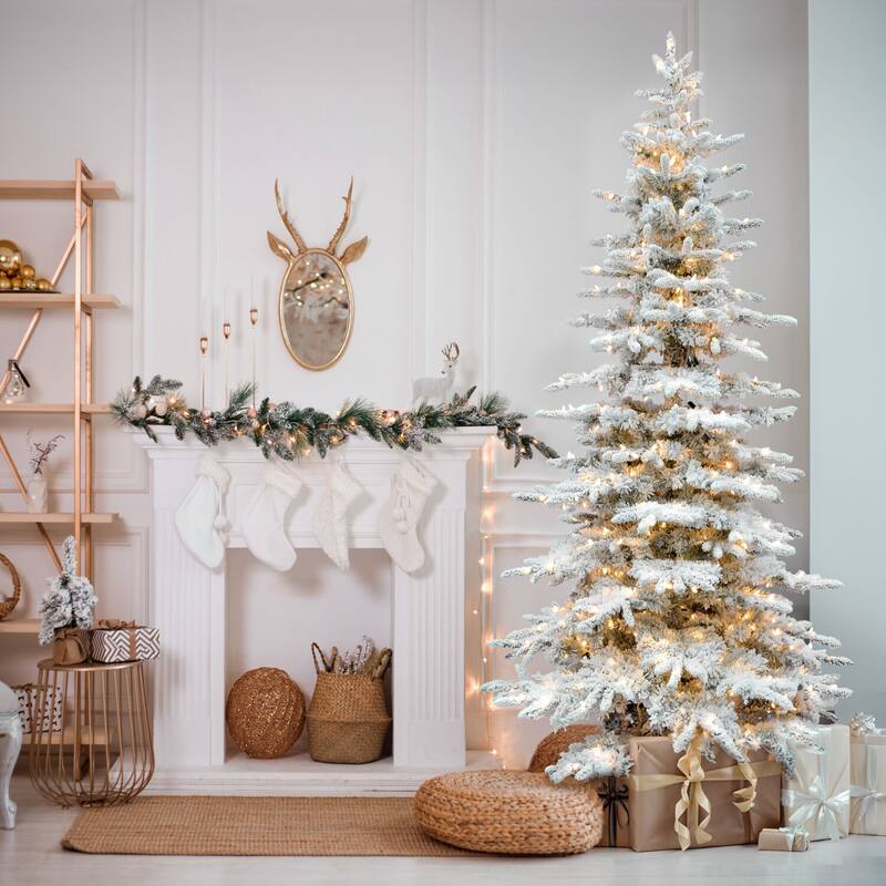 Fraser Hill Farm 9-Ft. Flocked Pine Valley Christmas Tree with Multi-Color LED String Lighting