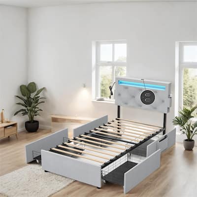 Twin Size LED Bed Frame with USB Charging Station & 4 Storage Drawers