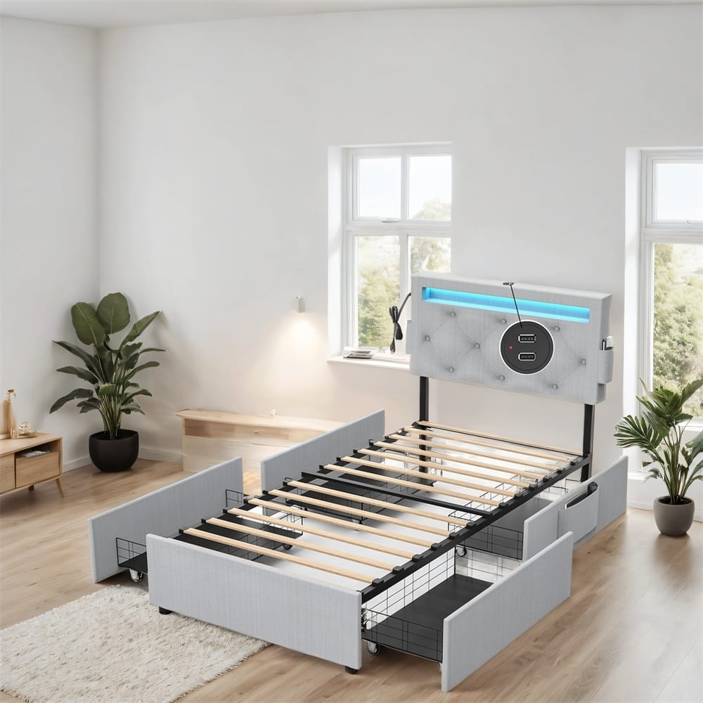 Twin Size LED Bed Frame with USB Charging Station & 4 Storage Drawers