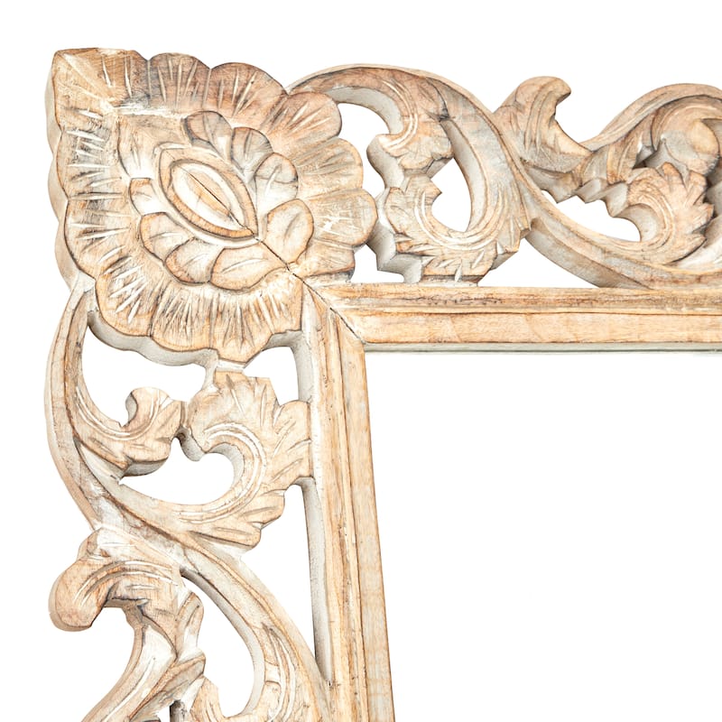 Mango Wood Floral Intricately Carved Wall Mirror - Light Brown - Roche River Decor - 2"W x 36"L x 72"H