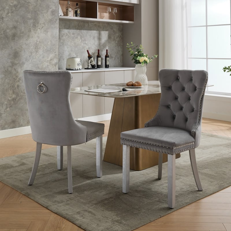 High-end Tufted Solid Wood Contemporary Velvet Upholstered Dining Chair with Wood Legs Nailhead Trim 2-Pcs Set