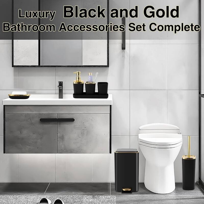 8-piece bathroom set with stainless steel trash can, toilet brush, toothbrush set, soap dispenser