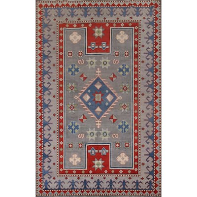 Gray Geometric Kazak Oriental Area Rug Hand-Knotted Wool Carpet - 6'7" x 10'2"