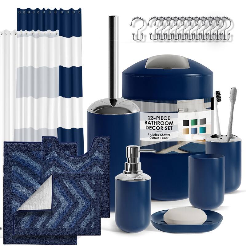 Clara Clark Bathroom Accessories Set with Shower Curtain and Rugs - Navy Blue