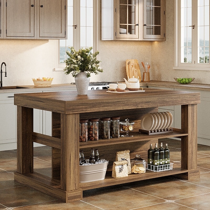55-Inch Stationary Kitchen Island with Storage Shelves and Large Worktop, Farmhouse Style, Light Brown