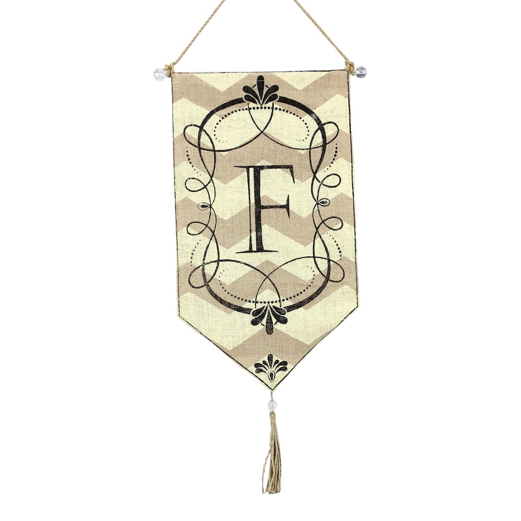 Monogram F Chevron Print Burlap 23 Inch Pennant Door Hanging Flag - Brown