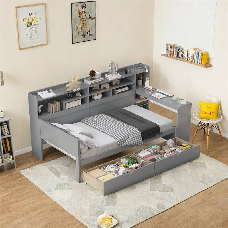 Multi-functional Bed Wooden Daybed with Two Storage Drawers Shelves and Study Desk - Grey