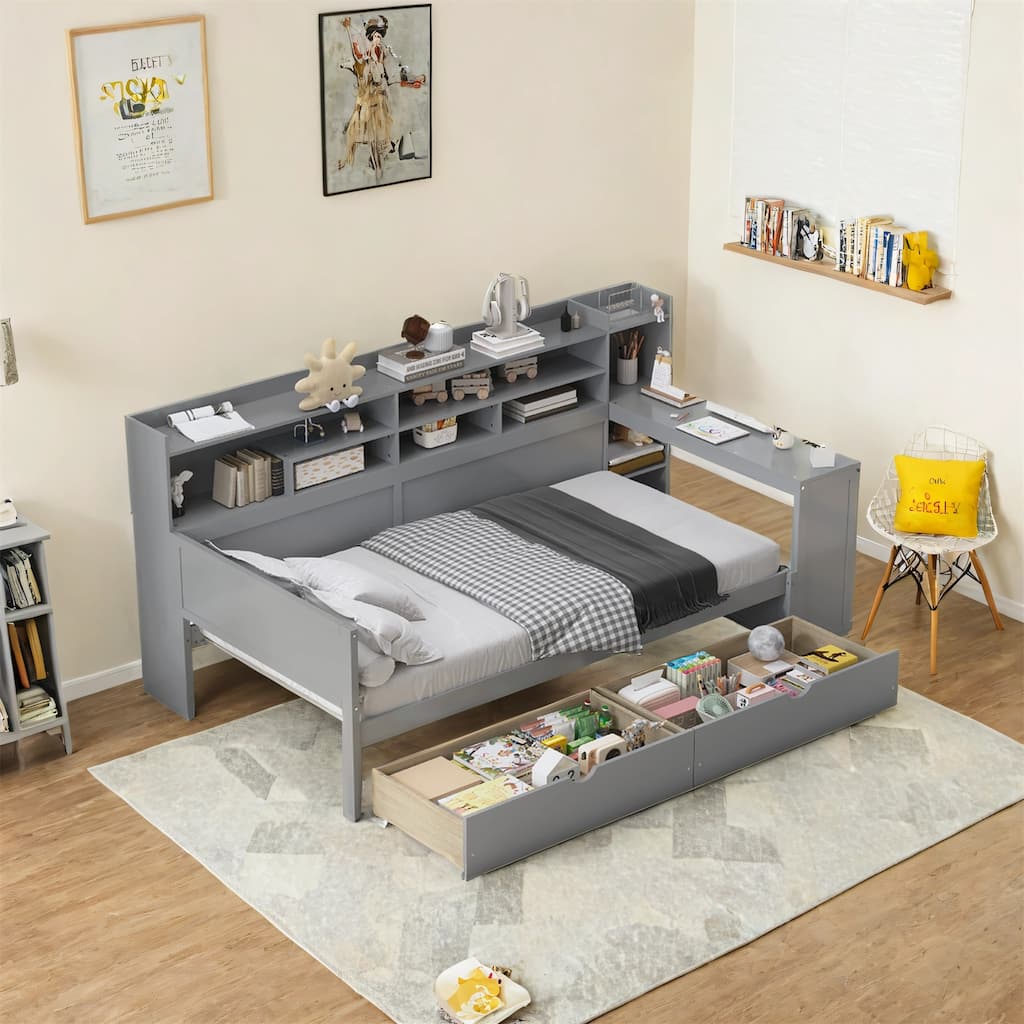 Multi-functional Bed Wooden Daybed with Two Storage Drawers Shelves and Study Desk