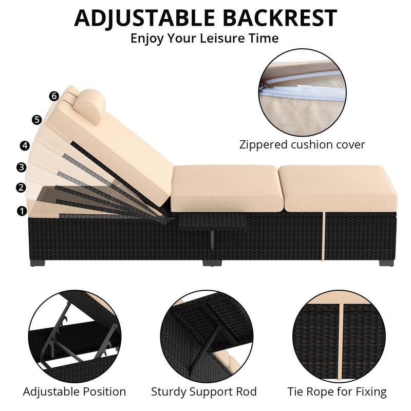 PE Rattan Chaise Lounge Chair Set of 2, 2.3 in Thicken Cushion