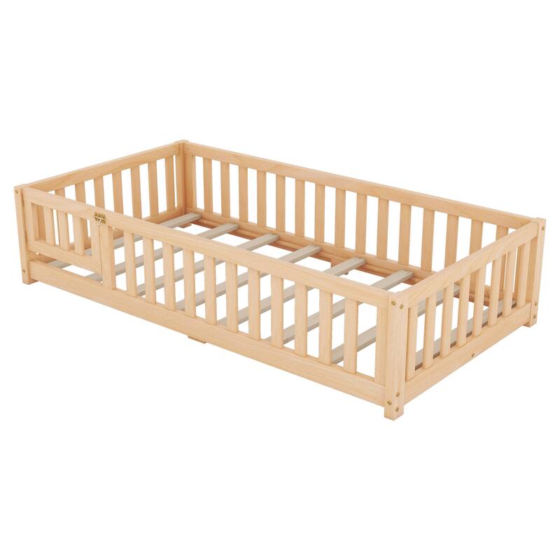 Twin/Full/Queen Size Floor Bed with Safety Guardrails for Kids, Wood Montessori Bedframe w/ Door, Children's Noiseless Beds