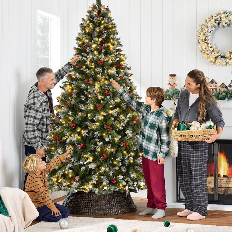 9ft Pre-Lit Pre-Decorated Pine Hinged Artificial Christmas Tree with 1740 Flocked Frosted Tips, Metal Base