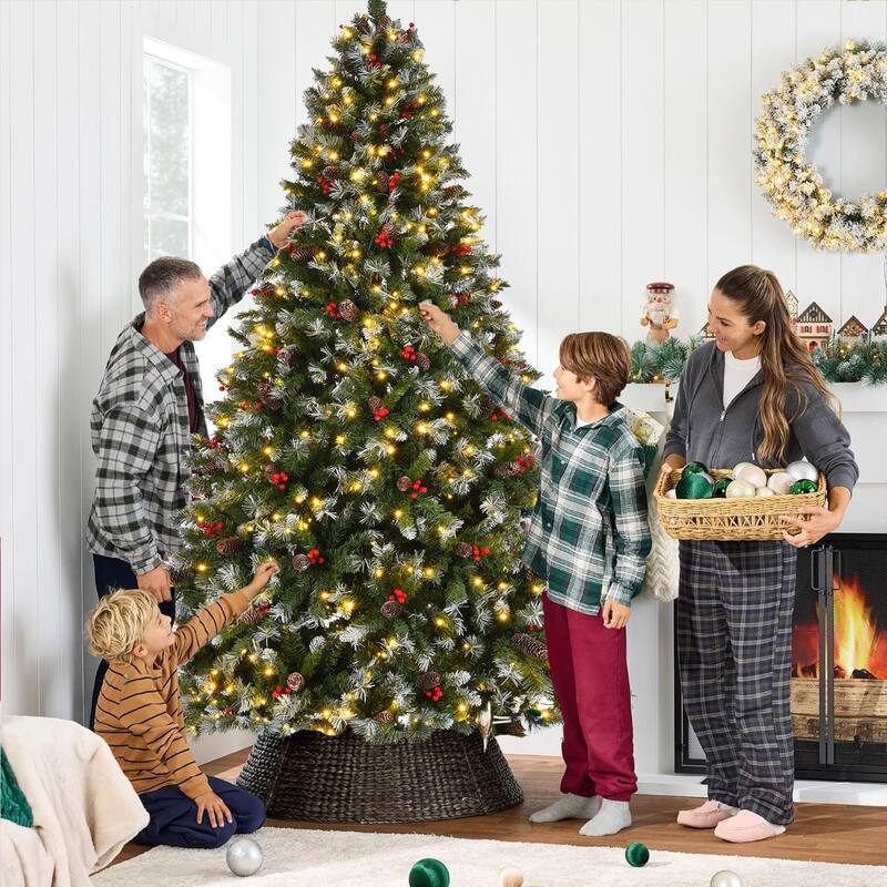 Christmas Tree Pre-Lit, Pre-Decorated Artificial 7.5ft Frosted Pine Holiday Decoration w/Frosted Tips, Pine Cones, Metal Base